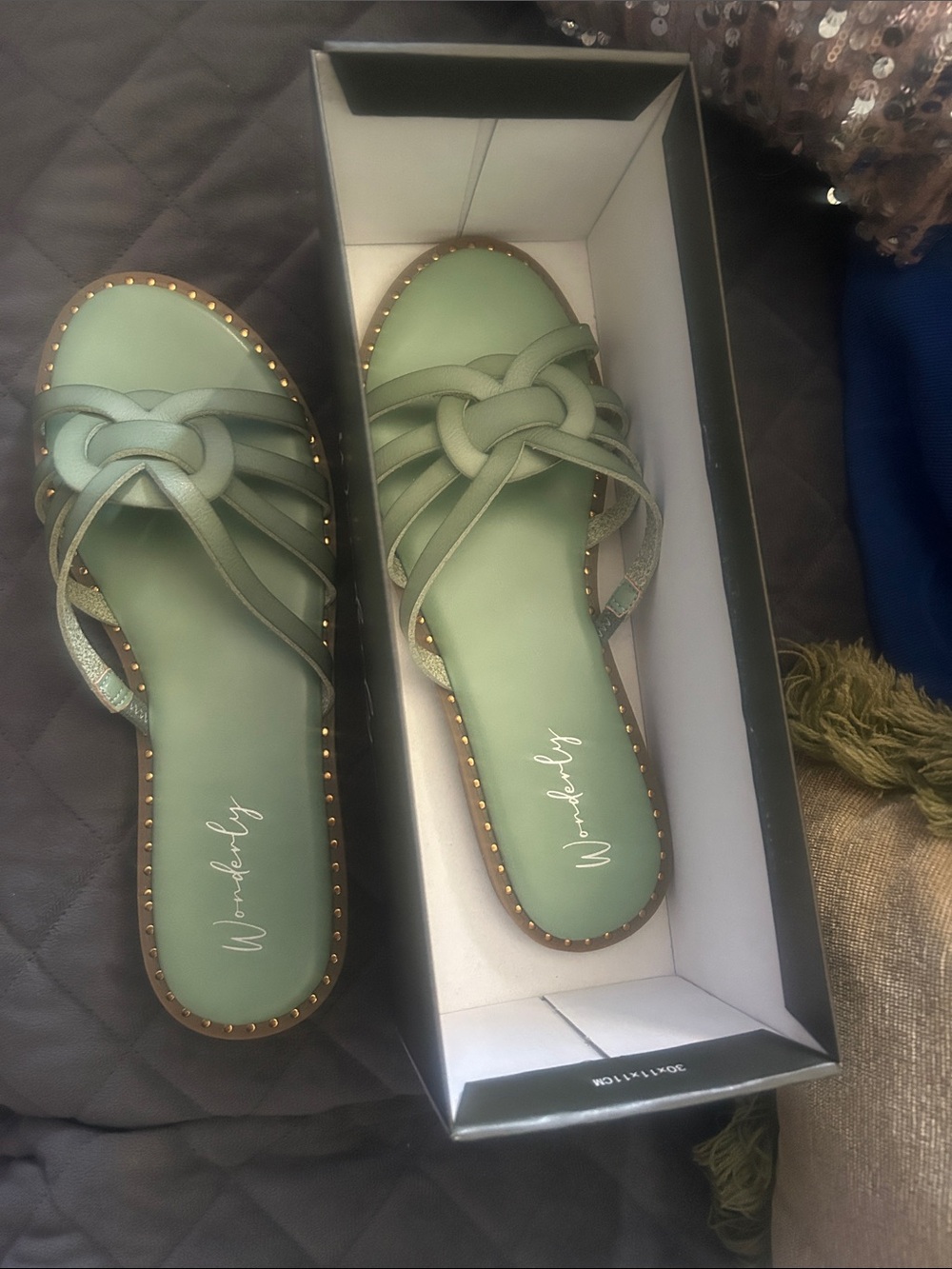 Wonderly Mint Green Braided Slide Sandals with Gold Stud Trim